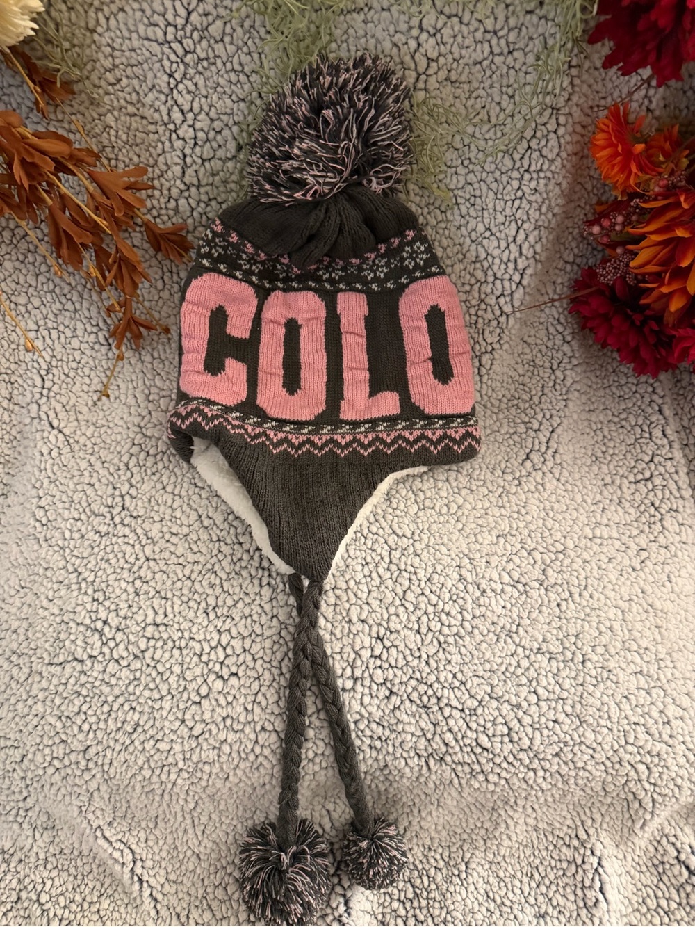 Colorado Themed- Knit Earflap Beanie with Pom-Pom - Pink and Gray